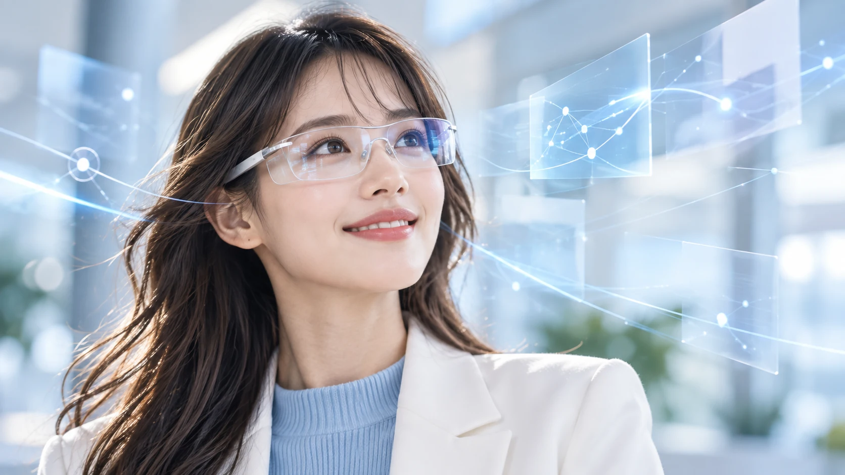 A smiling young businesswoman in a white blazer and Saxe blue knit, wearing transparent AR glasses surrounded by abstract paths and information. AI-generated conceptual photograph.