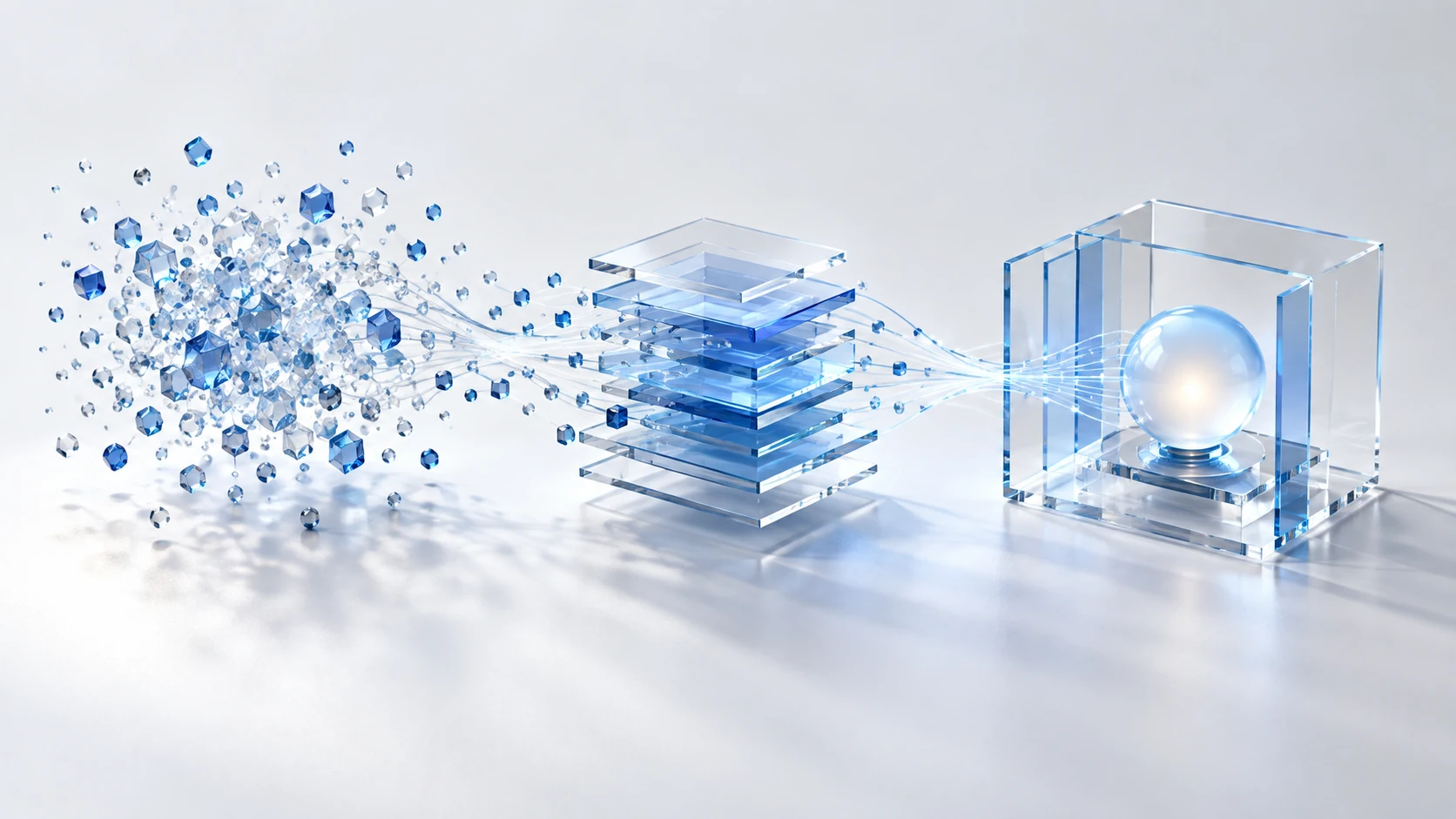 Scattered blue glass fragments become organized layers, then flow into a softly illuminated sphere framed by clear glass, illustrating information becoming knowledge and useful context for AI. AI-generated conceptual visual.