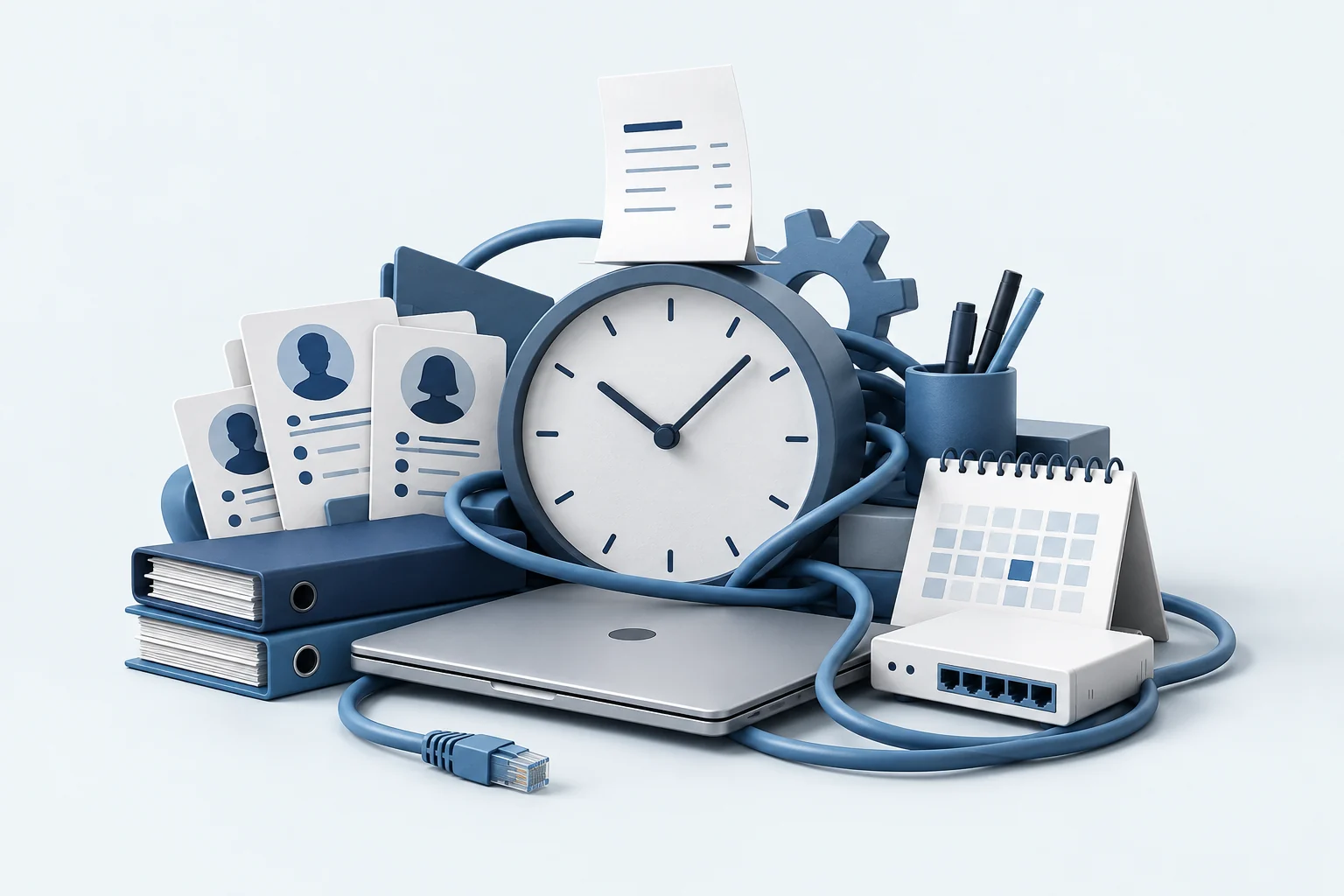 A bill above a clock, recruitment cards, and equipment: the workload behind IT.