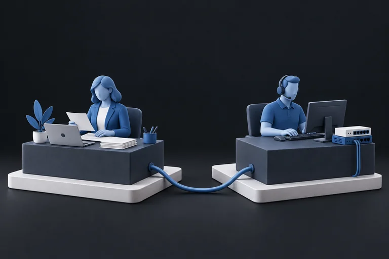 เจ้าของธุรกิจเชื่อมต่อกับผู้เชี่ยวชาญ IT Support ภาพประกอบแนวคิด